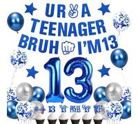 Holkcog Décoration de 13e anniversaire - Bannière Bruh I'm 13 - Toile de fond pour garçons et filles - Ballons bleus 13 - Haut de cupcake - Panneau de 13e anniversaire - Fournitures photo