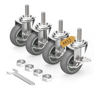 HOLKIE Roulettes pour meubles 75 mm avec freins, M12 x 1,75 x 30 mm Lot de 4 roulettes pivotantes à tige filetée - Roulettes charge lourde verrouillables Gris