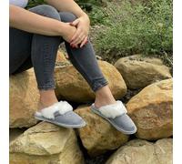 Hollert Femmes Mérinos Mouton Chaussons Malibu Gris/Blanc Cuir Véritable