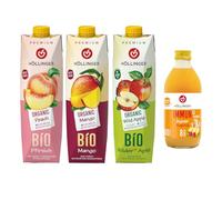 Hollinger Bio Premium Pack Mixte, Jus de Fruits Biologiques, Pêche, Mangue, Pomme Sauvage, 3x1L, Plus Boisson Immun+ Gingembre 330ml