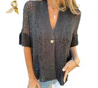 Hollow V-Neck Single Button Loose Short Sleeves,Women's Crochet Cardigan,Summer Down Open Front Knit Sweater (FR/ES, Alpha/Lettres, 3TG, Taille Normale, Taille Normale, Black)