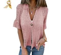 Hollow V-Neck Single Button Loose Short Sleeves,Women's Crochet Cardigan,Summer Down Open Front Knit Sweater (FR/ES, Alpha/Lettres, L, Taille Normale, Taille Normale, Pink)