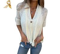 Hollow V-Neck Single Button Loose Short Sleeves,Women's Crochet Cardigan,Summer Down Open Front Knit Sweater (FR/ES, Alpha/Lettres, TG, Taille Normale, Taille Normale, White)
