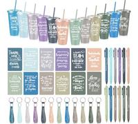 Hollowfly Lot de 12 lots de 48 pièces - Cadeaux de reconnaissance d'équipe pour employé, gobelets en plastique inspirants de 710 ml avec couvercle à paille, stylos à bille, porte-clés - Cadeau en vrac