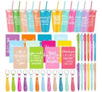 Hollowfly Lot de 48 cadeaux de remerciement inspirants pour employés et collègues, gobelets en plastique de 710 ml avec couvercle et paille, stylos à bille, porte-clés pour Thanksgiving, Noël (couleur