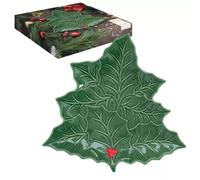 HOLLY ET BERRIES Plat forme Houx en Porcelaine verte et rouge 22x22 cm