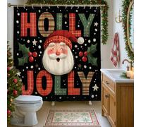 Holly Jolly Rideau de douche motif Père Noël festif pour décoration de salle de bain de Noël, rideau de douche moderne en tissu imperméable avec crochets 183 x 213 cm