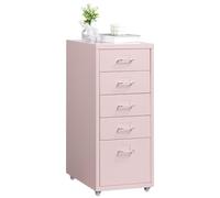 HollyHOME Armoire de Bureau Mobile avec 5 Tiroirs, Classeur sous le Bureau, Meuble de Rangement en Métal avec Roulettes pour la Maison et le Bureau, Rose Clair