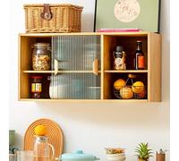 HollyHOME Buffet de cuisine mural en bambou avec 2 portes coulissantes en verre, meuble de rangement mural autonome avec étagère latérale pour bouteilles d'assaisonnement, vaisselle, bol, console de salle à manger, Burlywood