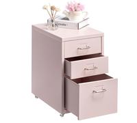 HollyHOME Classeur mobile à 3 tiroirs, organiseur de classement à roulettes, rangement en métal avec roulettes pour la maison et le bureau, rose clair