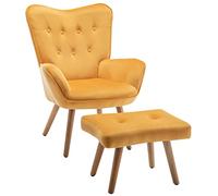 HollyHOME Fauteuil avec Repose Pied Scandinave Fauteuil de Salon Relax Chaise Velours Fauteuils D'appoint en Bois Fauteuils de Lecture pour Chambre à Coucher, Jaune