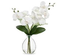 Hollyone - Fleur d'orchidée artificielle blanche de 38 cm dans un vase, plante d'orchidée fausse avec vase en verre, décoration de phalénopsis artificielle pour mariage, pièce maîtresse, salle de bain