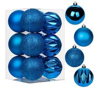 Hollyone Lot de 12 boules de Noël avec ficelles, 80 mm/3,1" Boules de Noël bleues en plastique incassables à suspendre, pendentifs pour arbre de Noël pour fête à domicile, mariage, vacances