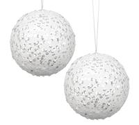 Hollyone Lot de 2 grandes boules de Noël à paillettes de 15 cm avec corde - Incassables - Blanches - Décoration de Noël pour les fêtes