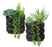 Hollyone Lot de 2 plantes succulentes artificielles dans des pots en céramique, arrangement de plantes grasses artificielles à double usage dans des pots noirs, plantes artificielles à suspendre pour