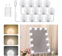 Hollywood 12 Bulbs Dressing Table Light With Adapter, Adjustable Usb Cable, 3 Colours And 10 Intensities, Dimmable Makeup Vanity Light, Adhesive Led Mirror Light
