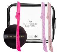 Hollywood Browzer Glow Kit 3 rasoirs Dermaplaning + Houppette de maquillage en microfibre + Trousse de toilette transparente Coffret cadeau (Rose Bundle)