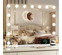Hollywood Miroir de Maquillage 15 LED avec éclairage, 58 x 46 cm, 3 Couleurs de lumière, luminosité réglable, avec USB et Type C, loupe Amovible, Miroir cosmétique avec lumière, Miroir Mural, Miroir