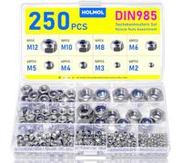 HOLMOL Lot de 250 écrous hexagonaux DIN 985 en acier inoxydable avec boîte, écrous de sécurité pour vis, écrous autobloquants, écrous en acier inoxydable 304 avec filetage métrique