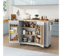 HOLTICO Îlot Central de Cuisine Mobile avec Plan de Travail Pliable, Desserte de Cuisine à roulettes avec Rangement à Épices, 2 Tiroirs et Étagères Réglables, Meuble de Cuisine, 128x46x91 cm, Gris