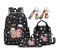 HOLVA Capybara Sac à dos d'écolier mignon 3 pièces avec boîte à déjeuner et trousse à crayons, sac de voyage pour ordinateur portable de dessin animé pour filles, Noir , M