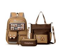 HOLVA Capybara - Sac à dos pour filles et garçons - Joli cartable de dessin animé - Ensemble de 3 pièces avec boîte à déjeuner et trousse à crayons, Ensemble D, M