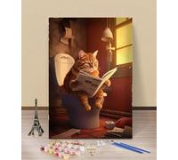 HOLXSW Peinture par numéros pour adultes Journal pour chat de toilette NO0013 Toile de lin de 40 x 50 cm et 3 pinceaux peinture acrylique (sans bordure)