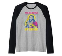 Holy Humor Ask Me About My Savior Fun Men Christian Faith Manche Raglan