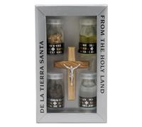 Holy Land Home Coffret de bénédiction 5 pièces Cadeau chrétien comprenant : Crucifix en bois d'olivier, huile d'olive, eau bénite, encens, kit de bénédiction de terre de Bethléem