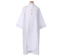 Holyart Aubes Communion, Profession de Foi: Aube Communion Blanche avec scapulaire Galon Broderie dorée Hostie CocoCler, 135 cm (53 inc.)