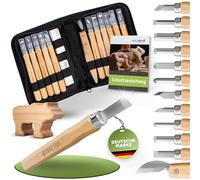 HOLZHELD Ensemble d'outils de sculpture et de matière première (17 pièces) avec instructions pour 1 projet de sculpture & Matière première en bois de tilleul - 12 couteaux de sculpture de haute