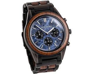 HOLZKERN Montre-bracelet pour homme Chronographe Universe The Night Sky Collection en marbre bleu et bois de noyer - Quartz japonais - 43 mm de diamètre - Longueur réglable