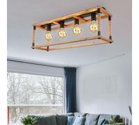 Plafonnier, bois, luminaire salle à manger, plafonnier, corde de chanvre, plafonnier, cadre en bois, métal, noir, couleur naturelle, 4 lumières E27, LxlxH 80x25x31 cm