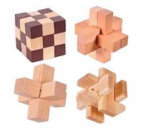 Holzsammlung 4 Pièces Casse-Tête en Bois Puzzle 3D Jeu de Logique Educatif Jeu de Patience Jigsaw Lock Cube, Intelligence Géométrie Logique Défi Jouet IQ Jeu de Réflexion pour Enfants et Adultes