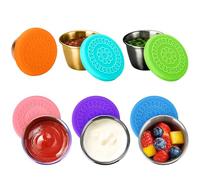 Holzsammlung 6 Pièces Récipient à Vinaigrette Tasses à Sauce en acier inoxydable avec couvercle silicone alimentaire, 70ML Petit Récipient à Sauce Tasses à Sauce, Meal Prep Containers Réutilisables