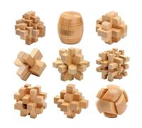 Holzsammlung 9 Pièces Casse-Tête en Bois Puzzle 3D Jeu de Logique Educatif Jeu de Patience Jigsaw Lock Cube, Intelligence Géométrie Logique Défi Jouet IQ Jeu de Réflexion pour Enfants et Adultes