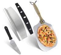 Holzsammlung Ensemble Pelle à Pizza 3 Pièces, Pizza Accessoires Comprenant Pelle a Pizza 30 cm Aluminium avec Poignée en Bois Rotative, Coupe Pizza Acier Inoxydable et Pelle à Fromage