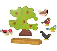 Holztiger 6615 Lot d'oiseaux - Grand pommier avec cinq figurines en bois, pic, mésange bleue, merle, moineau et rouge-gorge, avec support d'arbre, jouets peints à la main pour enfants, fabriqués en