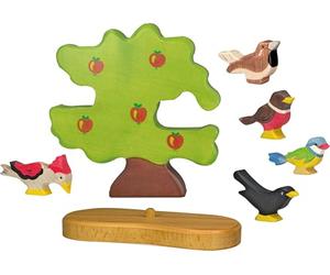 Holztiger 6615 Lot d'oiseaux - Grand pommier avec cinq figurines en bois, pic, mésange bleue, merle, moineau et rouge-gorge, avec support d'arbre, jouets peints à la main pour enfants, fabriqués en