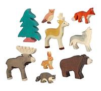 Holztiger 6617 Lot de 9 figurines en bois - Motif : ours brun, élan, renard, lapin, loup, chevreuil, raton laveur, hibou, conifère et conifère - Jouet peint à la main pour enfants - Fabriqué en Europe