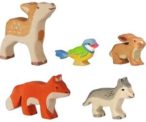 Holztiger 80630 Lot de 5 Figurines d'animaux de la forêt pour Enfants - en Bois - Faon, Renard, Lapin, Loup, mésange Bleue, Jouets Peints à la Main pour Enfants - Fabriqué en Europe