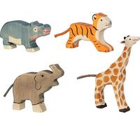 Holztiger Figurines en bois 80632 – Lot 4 : Éléphant, Girafe, Tigre, Hippopotame, peintes à la main