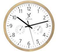 Holzwerk MEERSBURG Horloge murale en bois massif naturel avec affichage de la température et hygromètre Humidimètre Horloge silencieuse sans bruit de tic-tac Marron Hêtre Blanc 30 cm