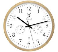 Holzwerk WEGBERG Horloge murale radio-pilotée avec affichage de la température, hygromètre, hygromètre, hygromètre, horloge en bois, horloge radio-pilotée, silencieuse, sans bruit de tic-tac, marron