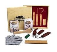 HOLZWURM Ensemble de couteaux à découper dans un coffret en bois comprenant une ébauche de bois, des instructions (DE+EN) et des gants de protection contre les coupures