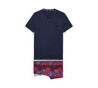HOM Homme Pyjama Court Bouquet Set, Haut: Marine Uni, Bas: Gros Imprimé Floral Bordeaux, S EU