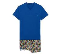HOM Pyjama Court Butterfly Ensemble de Pijama, Haut: Bleu uni Bas: imprimé Papillons multicos Fond Noir, L Homme