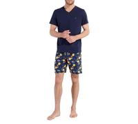 HOM Pyjama Court Lucky Pajama Set, Haut uni Marine, Bas imprimé Floral Bleu/Marine, L Men's