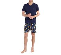 HOM Pyjama Court Lucky Pajama Set, Haut uni Marine, Bas imprimé Floral Bleu/Marine, S Men's