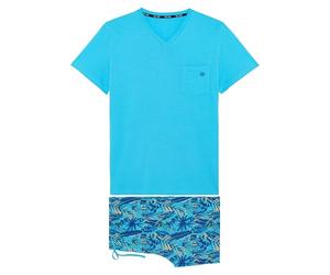 HOM Pyjama Court Valley Ensemble de Pijama, Haut: Turquoise uni Bas: imprimé feuillages Bleu/Jaune/Vert Fond Turquoise, S Homme